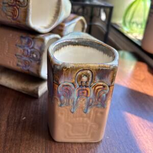 4 VTG Rodolfo Padilla Stacking Coffee Mugs with Wooden Rack Tan Blue Drip Glaze